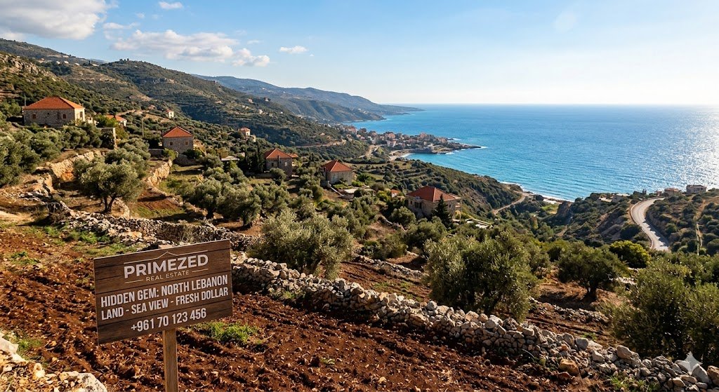 A 'PRIMEZED' real estate sign on terraced olive grove land overlooking traditional red-roofed houses and the blue Mediterranean Sea in North Lebanon